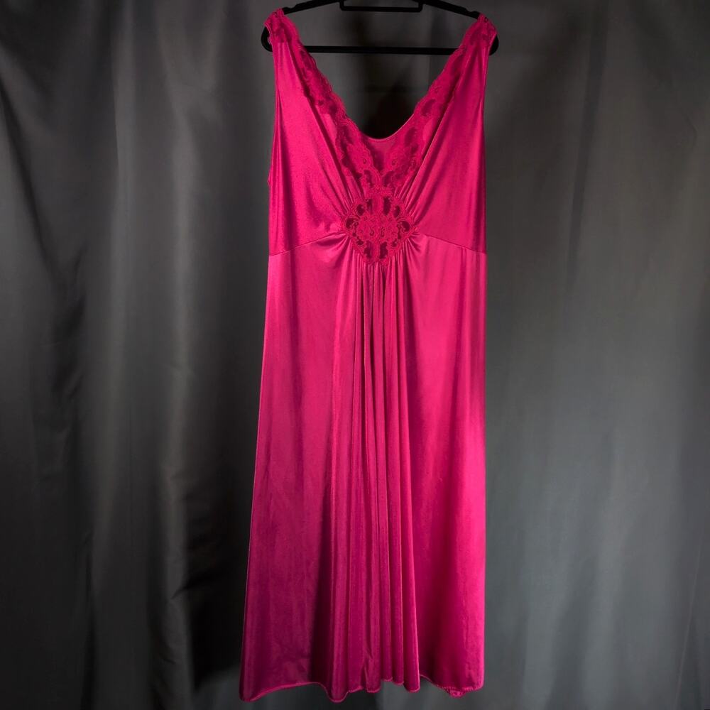 Vintage Olga? Lace Pink Maxi Sleeveless Satin Nightgown Plunging Slip Dress 2XL